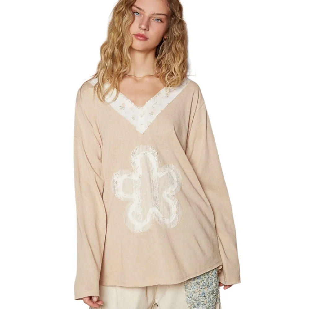 Pol Beige Long Sleeve Top with White Lace Detail, Cotton Blend.S,M,L - Picture 2 of 4